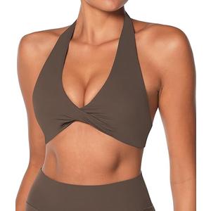 Sunzel Women's Halter Neck Sports Bra, Twist Front Yoga Crop Top with Removable Pads, Open Back V Neck Bra for Gym Workout (Medium, Seal Brown)