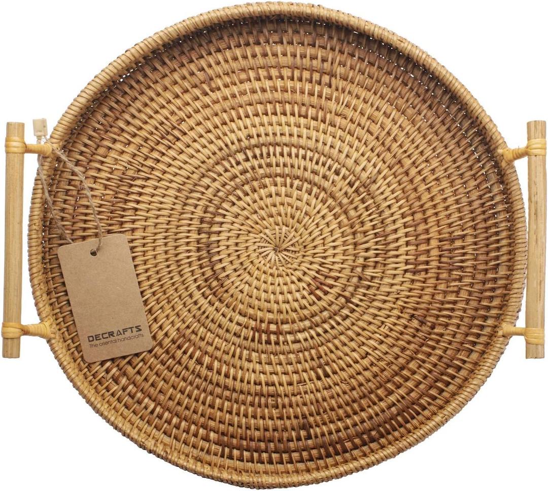 DECRAFTS Rattan Round Serving Tray Wicker Woven Bread Basket with Handles for Cracker Dinner Parties Coffee Table Breakfast (Natural 12.6 Inches)