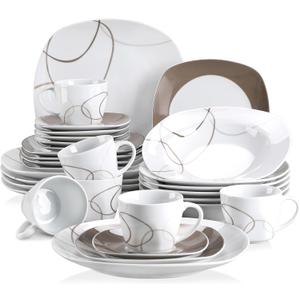 VEWEET 30 PCS Ceramic Dinnerware Sets for 6, White and Brown Dishes Set
