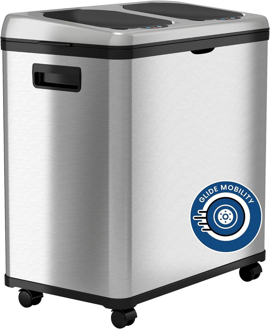 iTouchless 16 Gallon Touchless Sensor Kitchen Trash Can and Recycle Bin with Wheels, 60 Liter Stainless Steel Dual-Compartment (2 x 8 Gallon) Combo Recycling and Garbage Trashcan