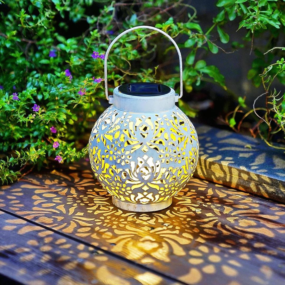 2 Pack Outdoor Solar Hanging Lantern Lights Metal LED Decorative Lamp for Garden Patio Courtyard Lawn and Table with Hollowed-Out Design (White)