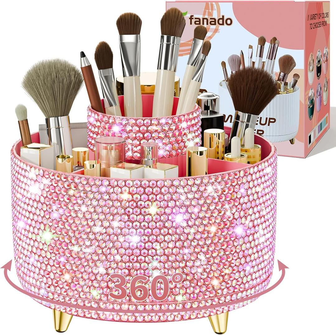 fanado Bling 360 Rotate Makeup Brush Holder Organizer, Makeup Organizers Countertop, Makeup organization and Skincare Storage for Vanity, Gift for Women Girls (Bling dz-Pink)