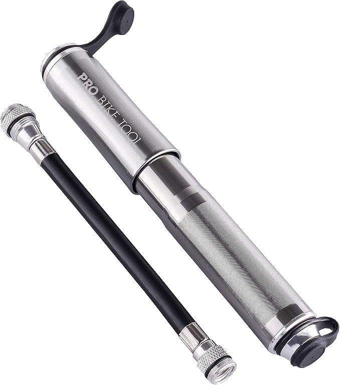 Pro Bike Tool Mini Bike Pump with Gauge - Compact and Portable Bicycle Tire Pump for Fast Inflation - Durable Bicycle Pump Compatible with Presta and Schrader Valves - Essential Mini Bike Accessories (Titanium)