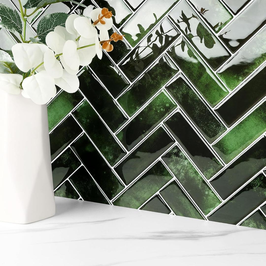 FunStick 30-Sheets Green Herringbone Peel and Stick Backsplash Tile Sticker for Kitchen Bathroom 12"x12" Removable Stick on Backsplash Tiles for Kitchen Shower Wall Tiles Renter Friendly Back Splashes