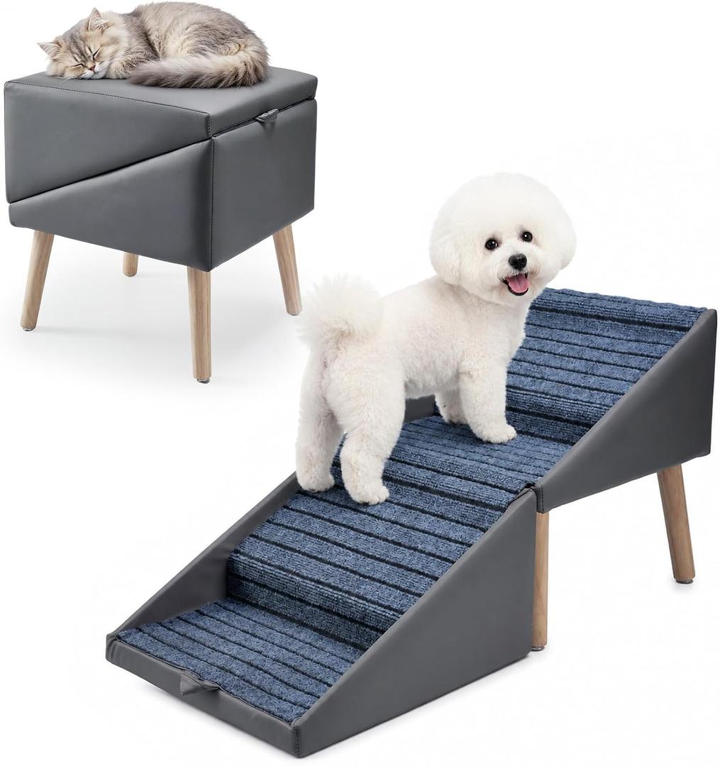 Ottoman Dog Ramp Stairs for Couch and Bed, 17" Foldable Pet Stairs, 2-in-1 Dog Stairs Stool for Small Dogs, Non-Slip 4 Steps, Leather