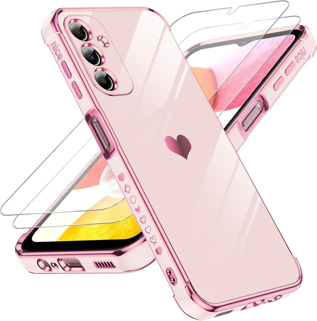 LeYi for Galaxy A14-5G Phone Case: Screen Protector [2 Pcs]+ Full Camera Lens Protection, Love Heart Plating Girly Luxury Shockproof Cell Cover Basic funda para Samsung Galaxy A 14, Pink