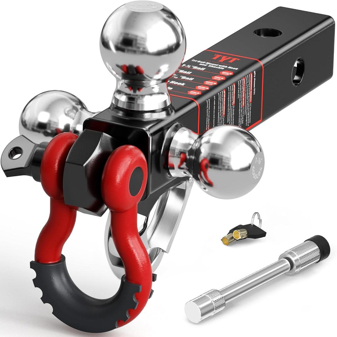 TYT Adjustable Tri-Ball Trailer Hitch with Tow Hook, Fits 2-Inch Receiver, 4.5-Inch Rise/Drop, Includes 1-7/8", 2", & 2-5/16" Balls, Heavy-Duty Design with Lock and Pins