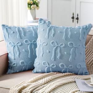 Mixweer Blue Bow Throw Pillow Covers 18x18 Set of 2 Coquette Decorative Pillow Covers Soft Plush Faux Wool Aesthetic Pillowcases Preppy Room Decor for Bed Sofa Couch Living Room
