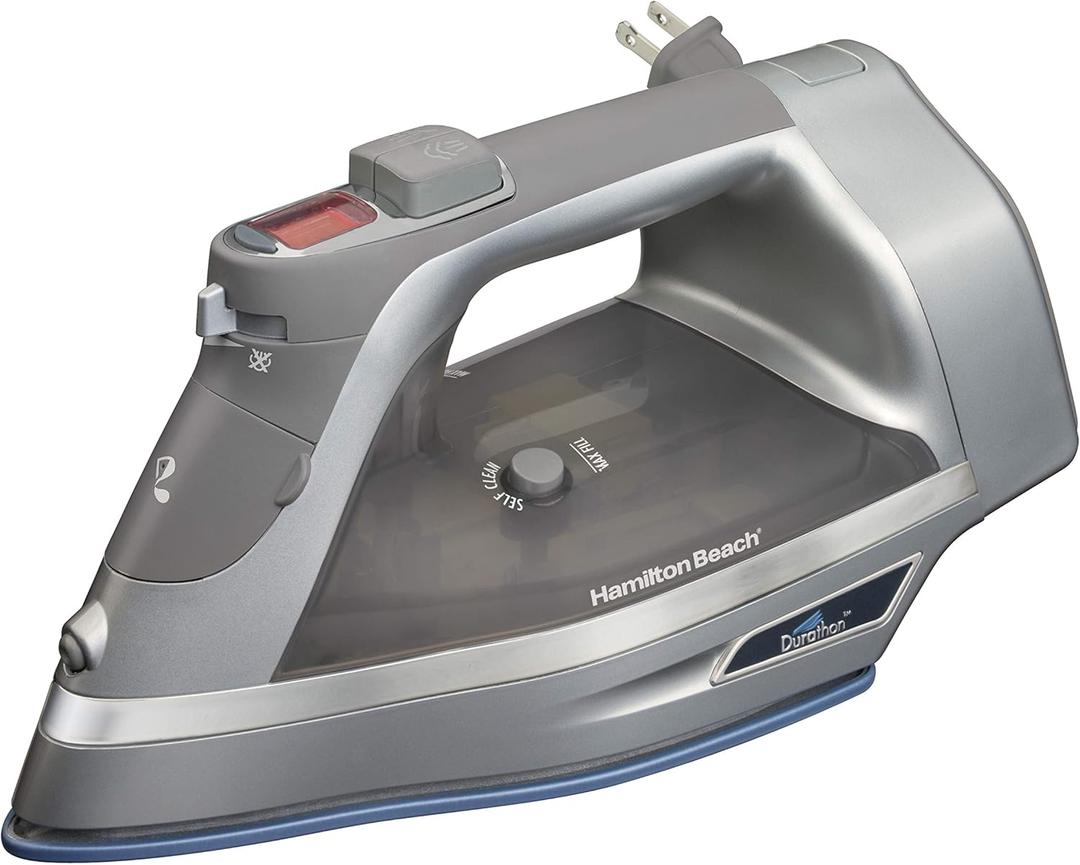 Hamilton Beach Steam Iron & Vertical Steamer for Clothes with Scratch-Resistant Durathon Soleplate, Digital Temperature Control, 8 Retractable Cord, 3-Way Auto Shutoff, Anti-Drip, 1700 Watts, Silver