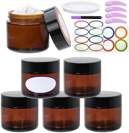 2oz Small Travel Containers with Black Lids, 6 Pack Amber Glass Jars with Mini Disposable Spatula for Toiletries，Travel Storage，Makeup Beauty Products, Lotions, Powders and Ointments