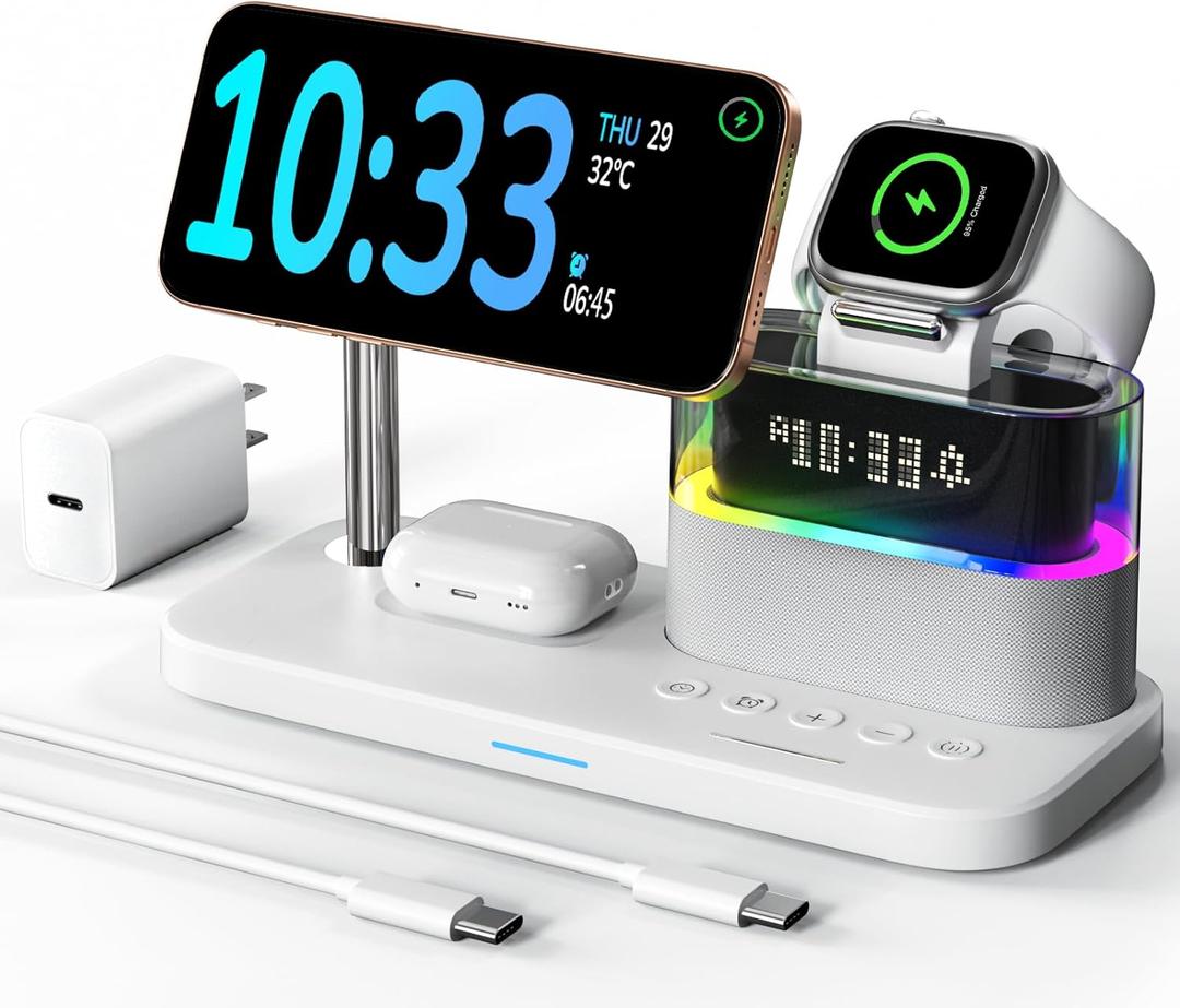5 in 1 Wireless Charging Station for Apple,Magnetic Charger with Alarm Clock Night Light for Multiple Devices,Nightstand Charging Station Compatible with iPhone 17/16/15/14/13/12,Apple Watch,AirPods