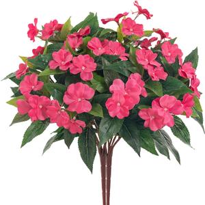 Artificial Impatiens Bouquet Flowers for Outdoors Silk Faux Flowers for Outdoor Impatiens Plants Decor Indoor Planters Kitchen Planters and Balcony Decorations 2PCSRose Red