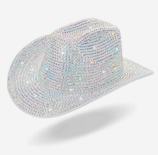 Fully Diamond Rhinestone Sequin Rave Cowboy Hat, Cowgirl Hat For Wedding Costume Cosplay Party (Disco Silver)