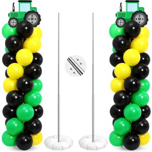 Sosation 2 Set Tractor Balloon Column Stand Kit Green Yellow Black Balloon Tower with 2 Large Tractor Cards 105 Latex Balloons with Adjustable Stands for Farm Birthday Party Decorations