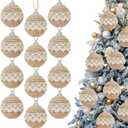 12 Pcs Boho Christmas Balls Ornament, 2.36 Inch Lace Burlap Farmhouse Jute Rope Hanging Balls, Burlap Neutral Rustic Decorations Balls for Home Xmas Tree Wreath Garland Wedding Home