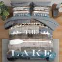 Comforter Set Queen Size, Boat Adventure Camper Vintage 7 Pcs Bedding for Kids and Adults, Rustic Lake Camping Bed Sheet Sets with Fitted Sheet 2 Pillowcase & 2 Sham for Bedroom Bed Decor (Wooden Planks)