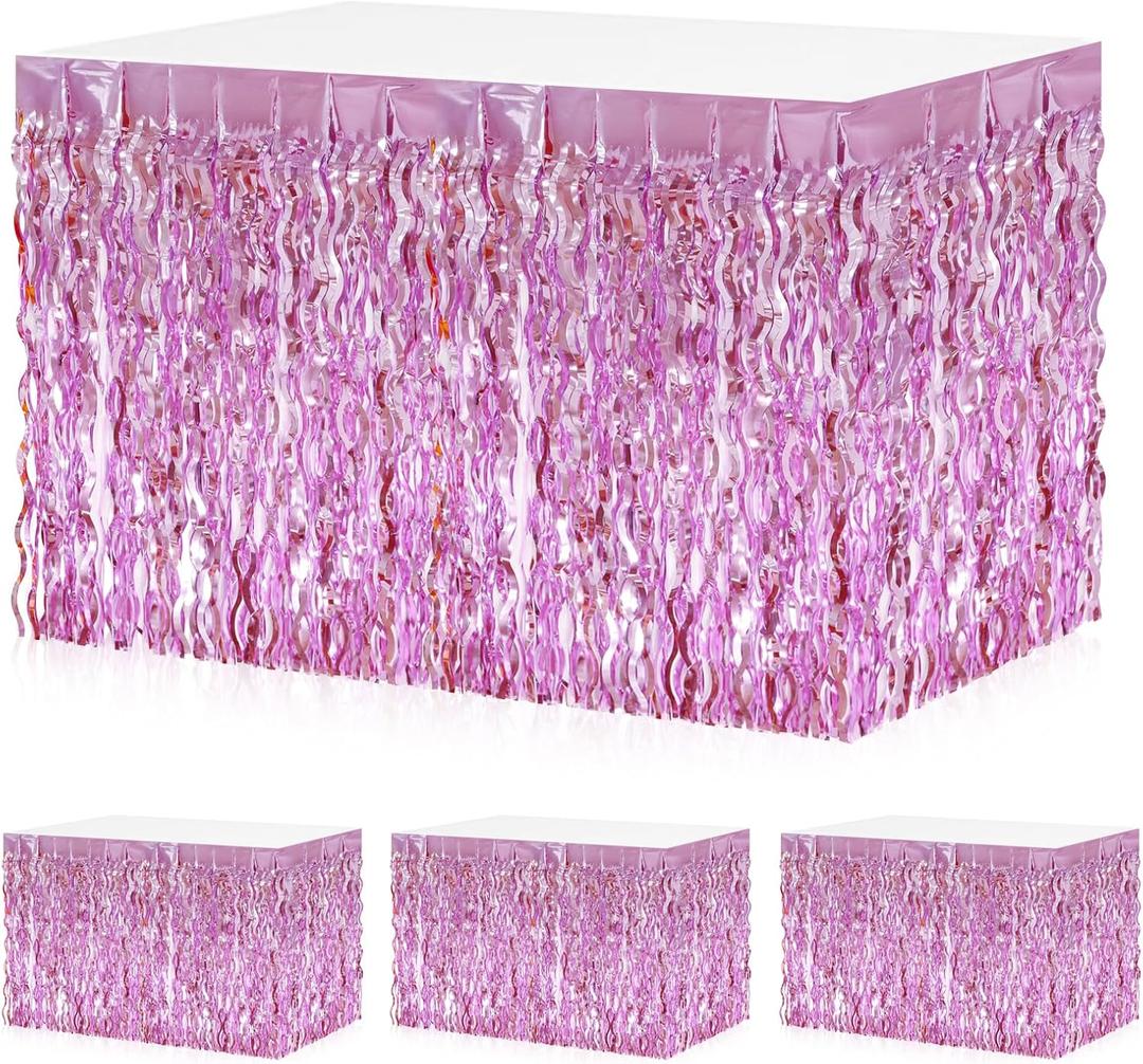 4 Pack Wavy Table Skirt - Metallic Foil Tinsel Fringe Table Skirts - Pink, Gold | 108" x 29.5" - Perfect for Birthday, Anniversaries & Parties