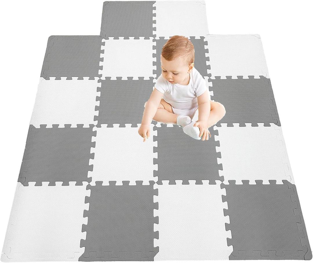 18 Pieces Foam Play Mat, Interlocking Playmat Tiles, Foam Floor Mat Tiles for Kids, Puzzle Play Mats, Exercise Gym Mats  Color of Gray & White with Border