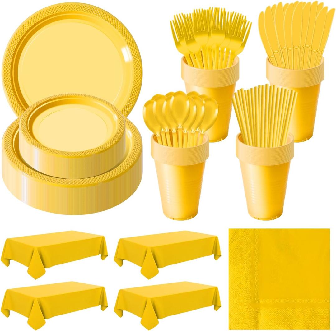 Disposable Plastic Dinnerware Set-484PCS Plastic Plates Set Includes 60 Of Each Dinner  Dessert Plates, Cups, traws, Spoons, Forks & Knives for Party (Yellow, 484PCS60 Guests)