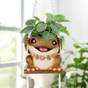 GUGUGO Swing Frog Planters, Cute Hanging Pot for Indoor Plants, Small Plant Pots with Drainage Hole, Unique Decorative Succulent Planters for Home Decor, Funky Funny Wall Decor Gardening Gift, Brown