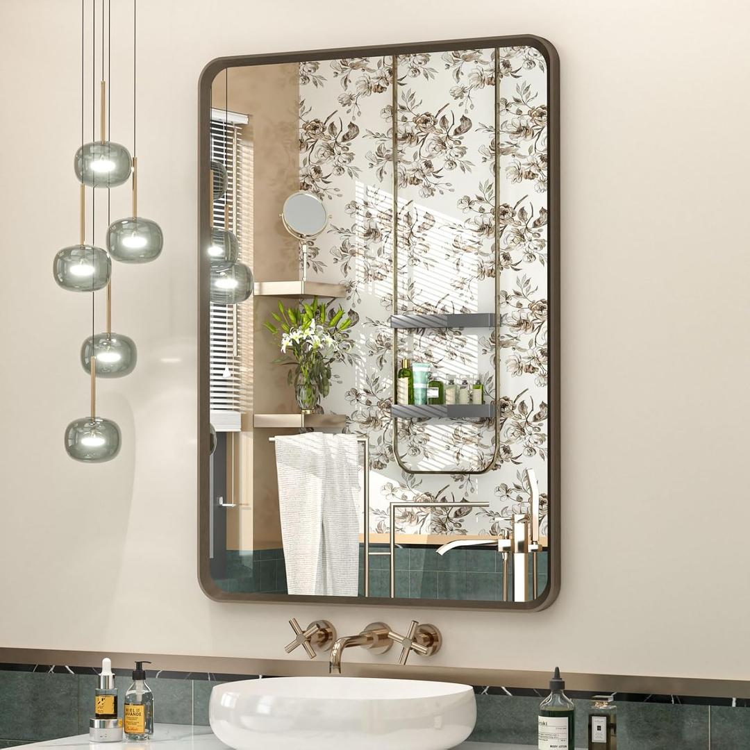 OKPAL 20x28 Bronze Bathroom Mirror, Brushed Metal Bathroom Vanity Mirrors for Wall, Rounded Rectangle Bronze Frame Mirror for Farmhouse, Anti-Rust (Horizontal/Vertical)