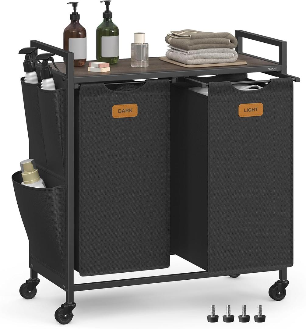 VASAGLE Laundry Hamper, Laundry Sorter Rolling Cart with Shelves, Small Side Pockets, 6 Labels, 2 Compartments, 26.4 Gal. (100 L), Ink Black and Ash Brown UBLH222BH01