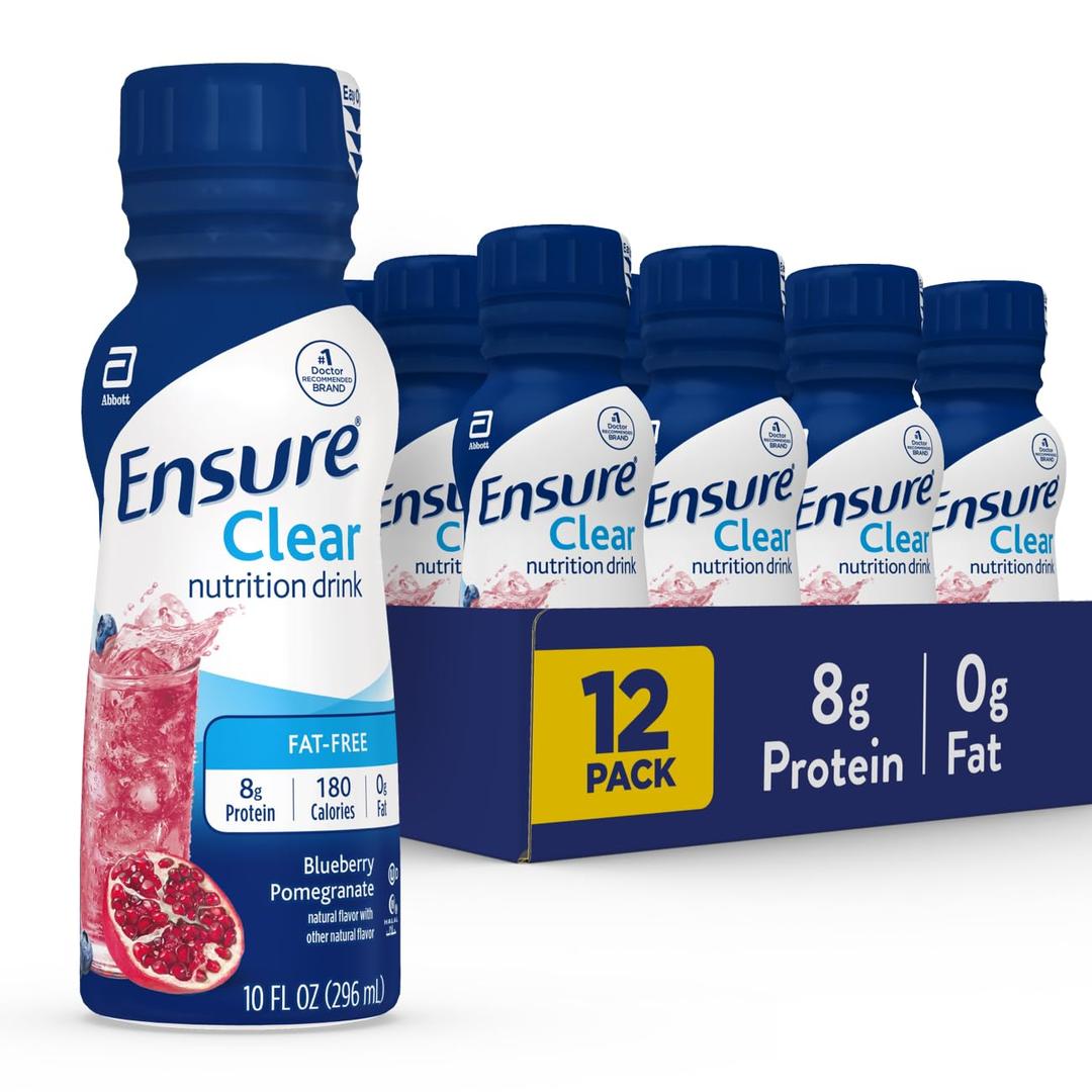 Ensure Liquid Clear Nutrition Drink, 0g fat, 8g of protein, Blueberry Pomegranate, 10 Fl Oz (Pack of 12), Bottle, gluten free (EXP 12/01/26)