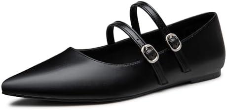 Trary Flats for Women Closed Pointed Toe Mary Jane Shoes Women Comfortable Slip on Ballet Flats Dressy Shoes Adjustable Strap PU Leather Mary Janes Loafers, Size 6