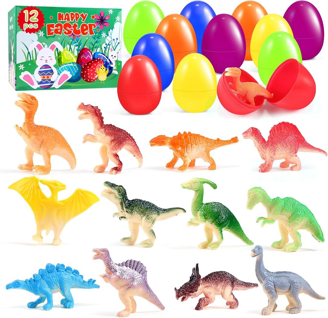12 PCS Prefilled Easter Eggs with Dinosaur Toys, Filled Easter Basket Stuffers Gifts for 3-8 Year Old Kids Toddlers, Easter Egg Fillers Party Favors Classroom Prize Supplies