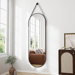 Full Length Mirror, Oval Wall Mounted Mirror, 48"x16" Door Mirrors Full Length with Hanging Leather Strap with Aluminum Frame for Bathroom Living Room Entryway (Black)