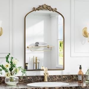 Antique Arched Wall Mirror, 24"x36" Vintage Gold Bathroom Mirror - Baroque Metal Frame Brass Mirror for Living Room, Bathroom, Fireplace, Entryway, Gold