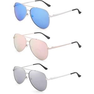 3 Pack Bifocal Reading Sunglasses for Women Men, Aviator Sun Readers Glasses Mirrored Shades UV400 +2.0