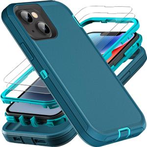 YKHJKLEC Military Grade 3 in 1 Heavy Duty Case for iPhone 13/14 - Shockproof, Drop Proof, Dust Proof With 2Pcs Tempered Glass Screen Protector (Blue/Turquoise)