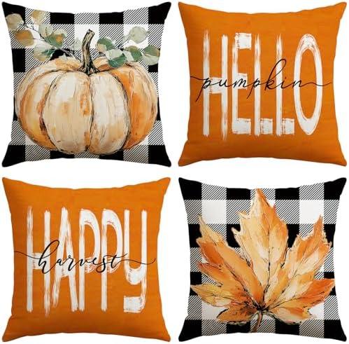 Artscope Fall Decorative Throw Pillow Covers 20x20 Inch Set of 4, Hello Happy Autumn Pumpkin Buffalo Plaid Maple Leaves Harvest Outdoor Farmhouse Pillow Cases for Home Sofa Couch-Orange B, Pack of 2