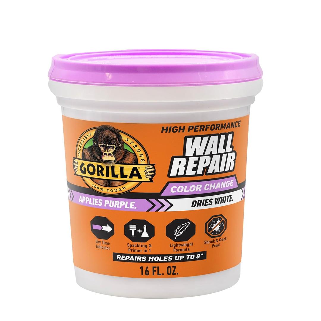 Gorilla High Performance Wall Repair Color Change, 16 Ounce Tub, Applies Purple, Dries White Spackling & Primer in One, Shrink & Crack Resistant