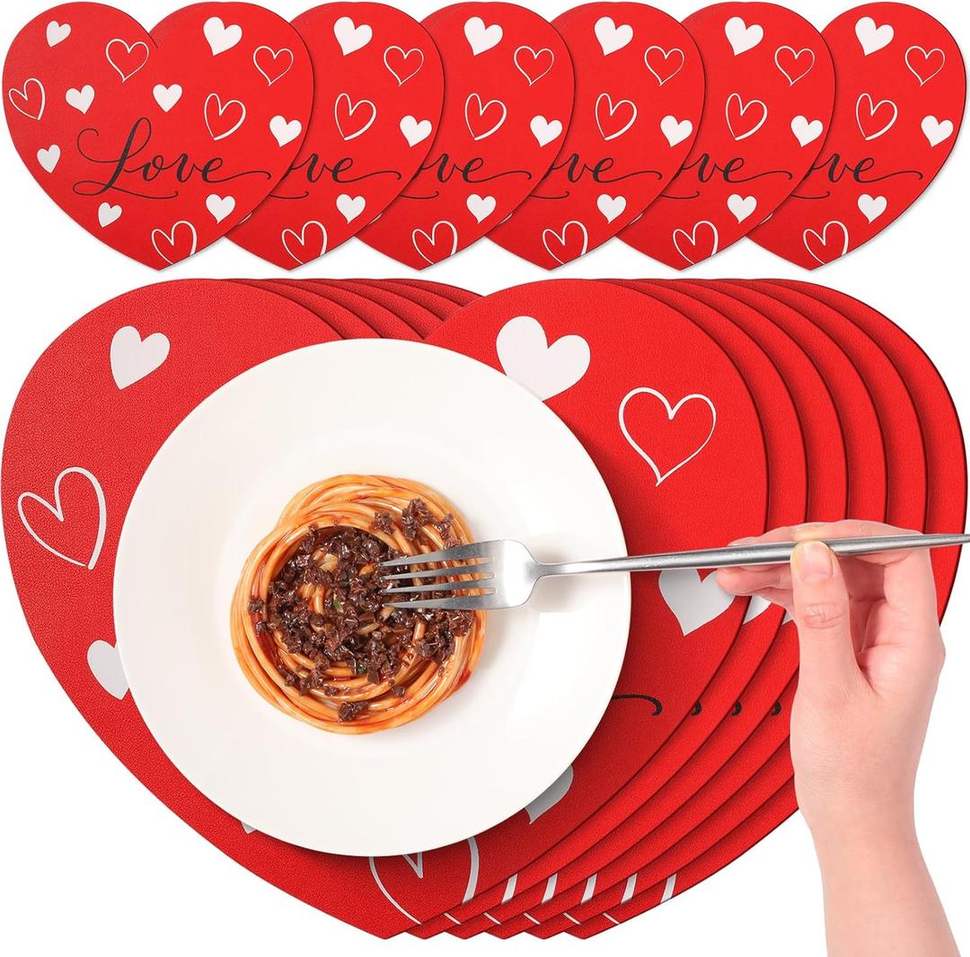 Remerry 6 Pcs Valentine's Day Heart Placemats Love Leather Place Mats Red Heart Shaped Tablemats Waterproof Leather Washable Kitchen Mats for Party Decoration Kitchen Dining Table