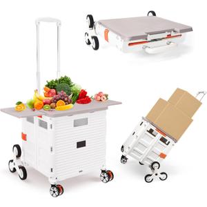 Foldable Utility Cart with Stair Climbing Wheels,Collapsible Rolling Crate with Magnetic Lid Telescopic Cover,Telescoping Handle,360 Rotate Wheel Hand Cart for Teacher Shopping Moving(Milky White)