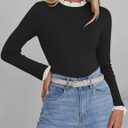 ZESICA Womens Long Sleeve Ruffle Sweaters 2026 Spring Crewneck Color Block Slim Fit Basic Casual Knit Pullover Sweater Tops (Black, L)