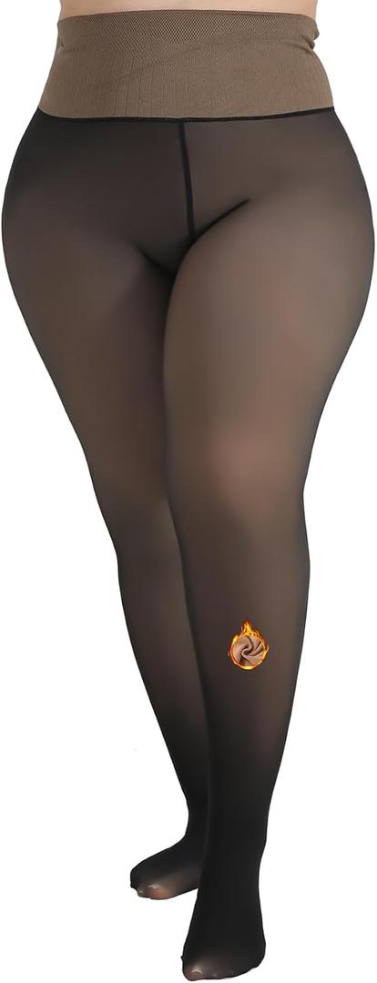 MERYLURE High Waist Fleece Lined Tights Women, Fake Translucent Winter Warm Pantyhose Thick Thermal Leggings, 1X-2X