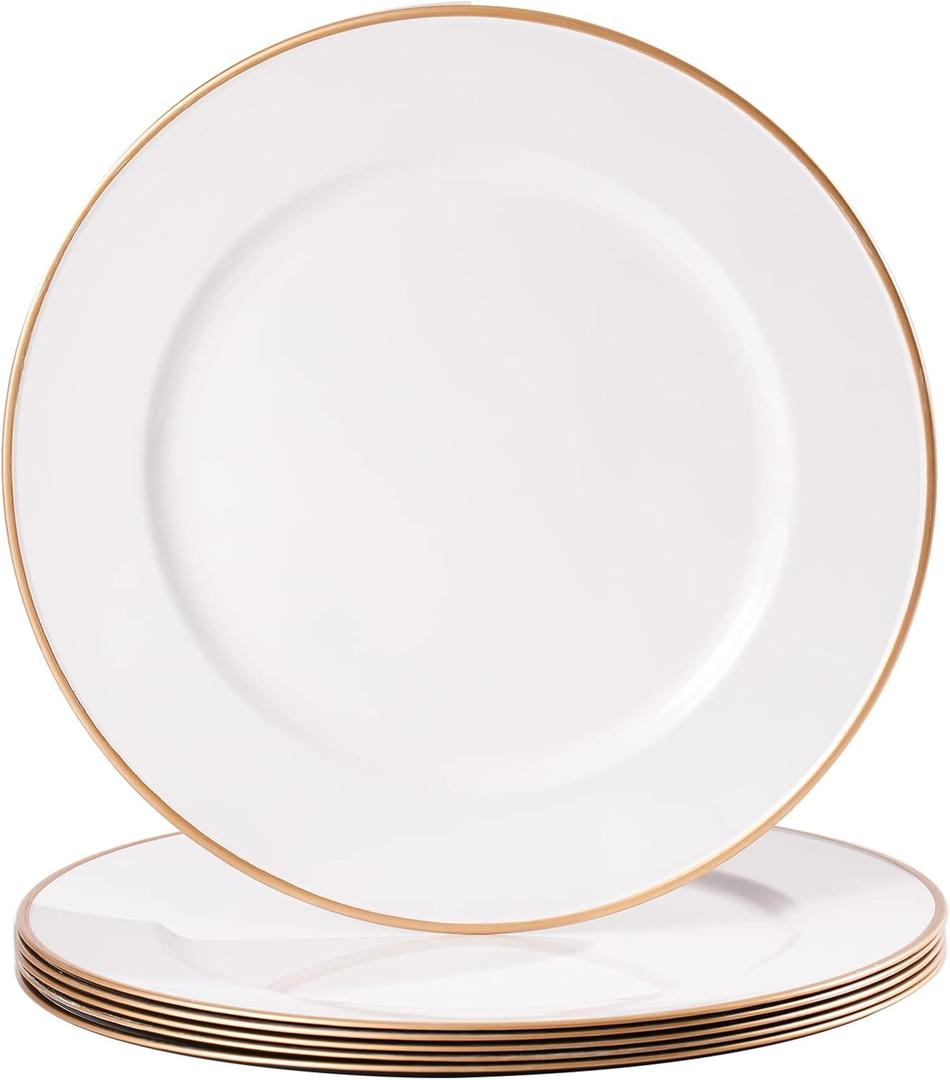 MAONAME 13" White Charger Plates Set of 6, Round Plate Chargers with Gold Rim, Plastic Decorative Charger Plates for Wedding, Tabletop Decor