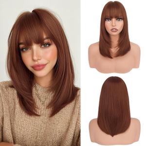 Haloo Auburn Bob Wigs with Bangs Shoulder Length Straight Natural Looking Synthetic Heat Resistant Medium Hair Wigs for Women Daily Party, 16 Inch