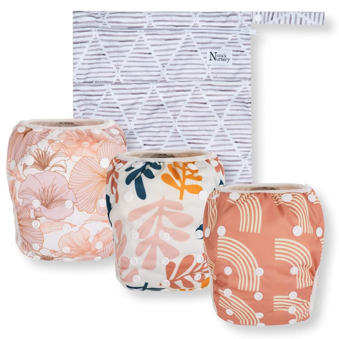 Nora's Nursery Reusable Swim Diapers and Wet Bag - One Size Fully Adjustable - Tropical 3 Pack with Wet Bag
