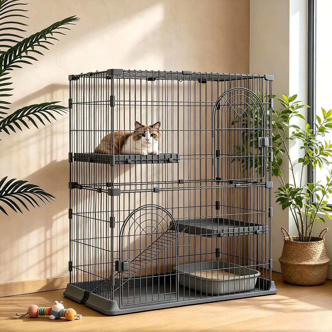Cat Cage for Indoor Cats, DlY Catio & Cat Playpen with Escape-Proof Spacing, Sturdy Metal Cat Crate Kennel for Kittens, Ferrets & Small Animals (Grey, 2-Tier 43")