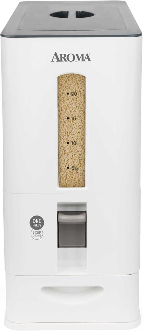 Aroma Housewares 27lbs Large Rice Dispenser, 7.25 x 16.5 x 16.5 inches, White