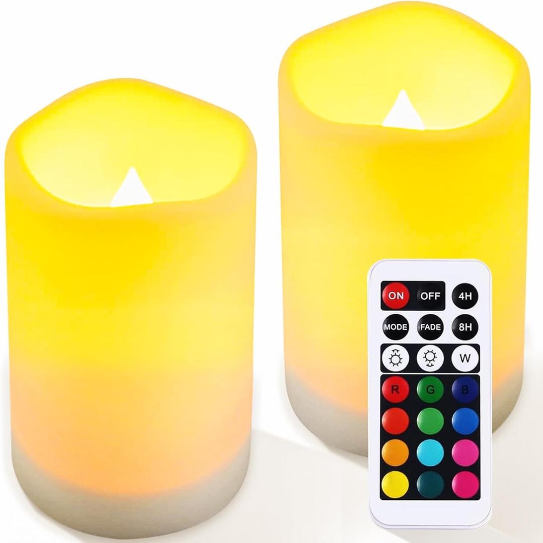 LED Flickering Flameless Candles with Color Changing, Remote Control and Auto-Off Timer, 100 Hours Working Time, Battery-Operated.Multi-Color (Colored light 2 Pack)