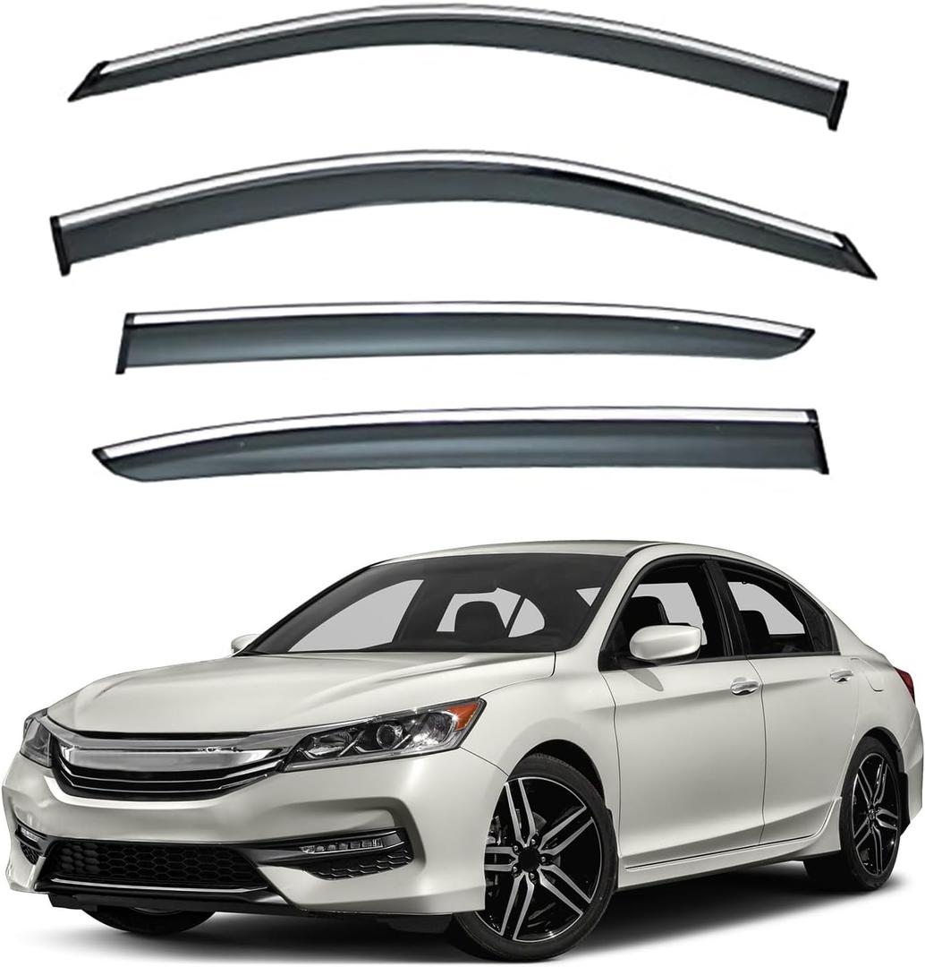 4pcs Smoke Tint with Chrome Trim Outside Mount Tape On/Clip On Style PVC Sun Rain Guard Vent Window Visors Compatible with 13-17 Accord 4-Door Sedan