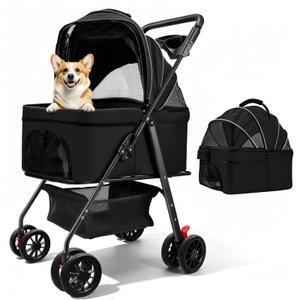 AODI Pet Stroller for Small Dogs and Cats with 4 Wheels, 3 in 1 Foldable Dog Stroller with Detachable Carrier, Breathable Mesh, Storage Basket & Cup Holder, Up to 33 lbs