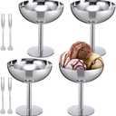 Reallnaive 4 Sets Stainless Steel Ice Cream Cups Bulk Silver Dessert Bowls with Forks 6.7 oz Small Metal Footed Cup for Serving Pudding Salad Fruit Sundae Summer Birthday Party Supply
