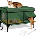 Heated Cat House for Outside,Dual Camera Mounts,100% Weatherproof & Extremely Insulated,Elevated Feral Cat Shelter with Escape Door,Waterproof Eaves for Outdoor Stray Barn Cat(Army Green,M) (23.6"L x 16.5"W x 18.5"H)