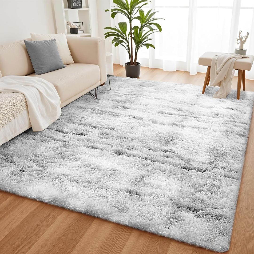 YOBATH Fluffy 8x10 Area Rugs for Living Room Bedroom, Large Modern Soft Shag Rugs for Kids Girls Boys, Non-Slip Plush Shaggy Rugs for Playroom Nursery Dorm Room, Tie-Dyed Light Grey